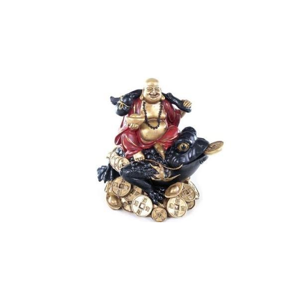 FIGURA BUDA DORADO Y ROJO SOBRE SAPO Y MONEDAS RIQUEZA Y SUERTE, 15 CMS