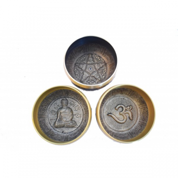Cuenco Tibetano relieve de Bronce 6 metales (con Maza y Almohadilla)13 cm x 6.50 cm
