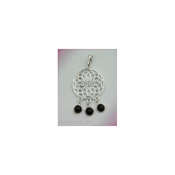 Colgante plata flor de la vida con piedras agata negra