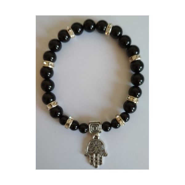 Pulsera Mineral Turmalina Negra con Mano de Fatima, Protección