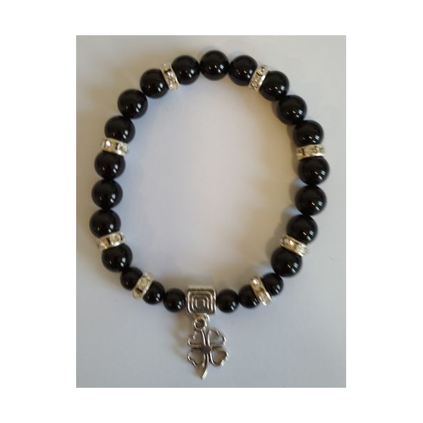 Pulsera Mineral Turmalina Negra con Trébol de la Suerte